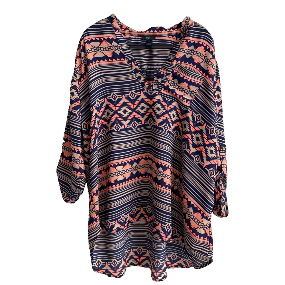 Rue+ Womens 2X Tunic Blouse Boho Festival Peasant Tribal Roll Tab Sleeve Chic